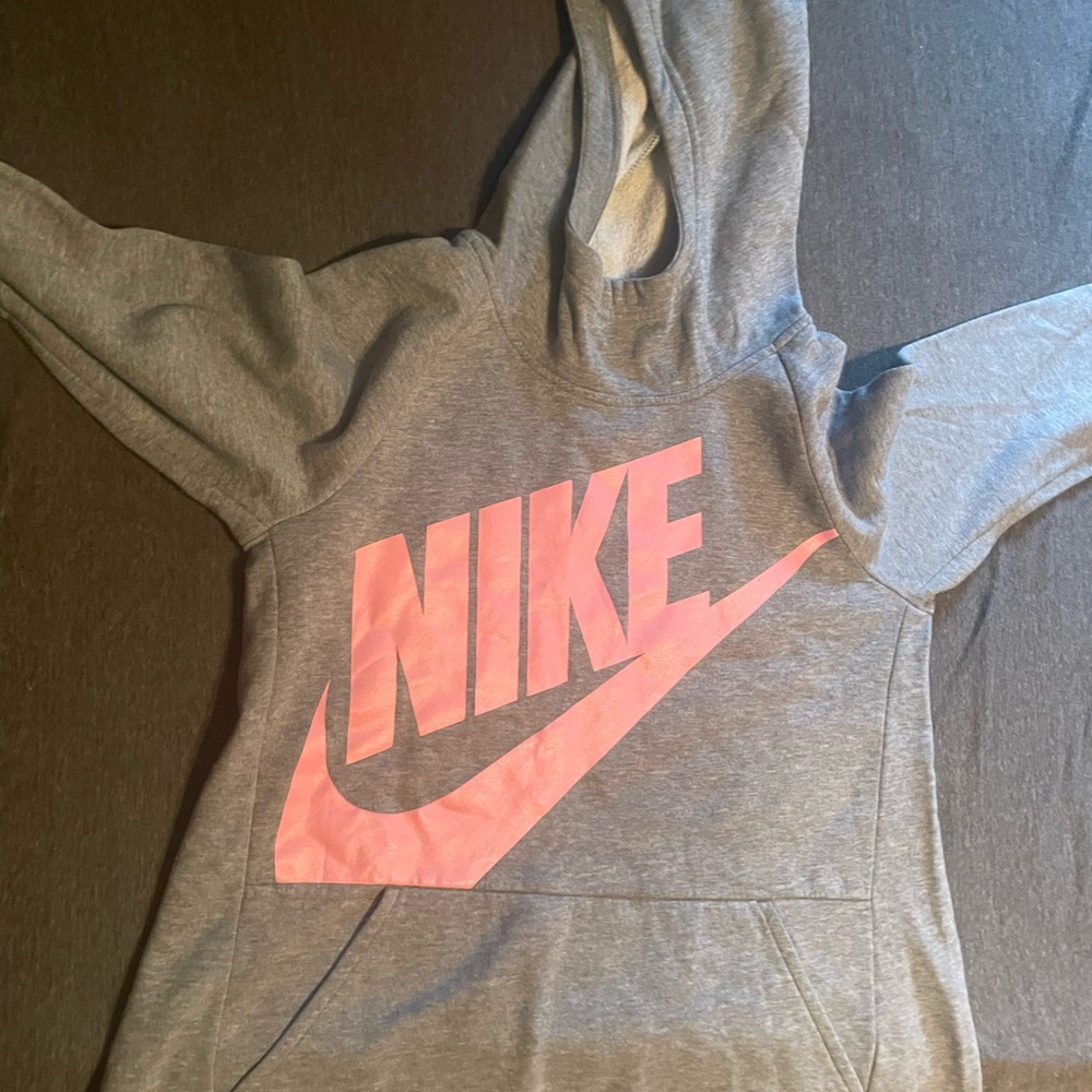 Nike hooded sweatshirt; grey with lighter pink Nike and swoosh across